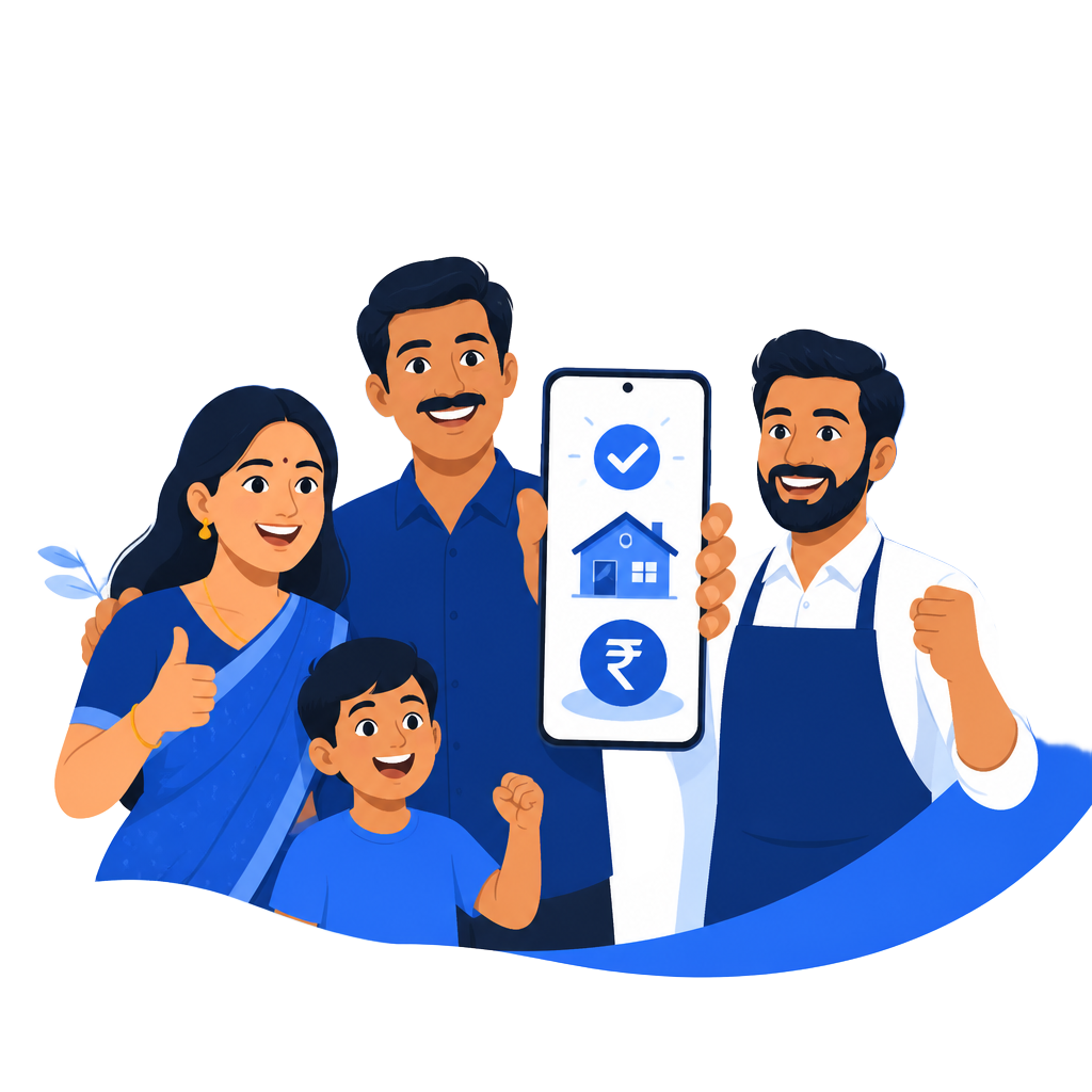 Indian family and a business owner reviewing loan options on a smartphone